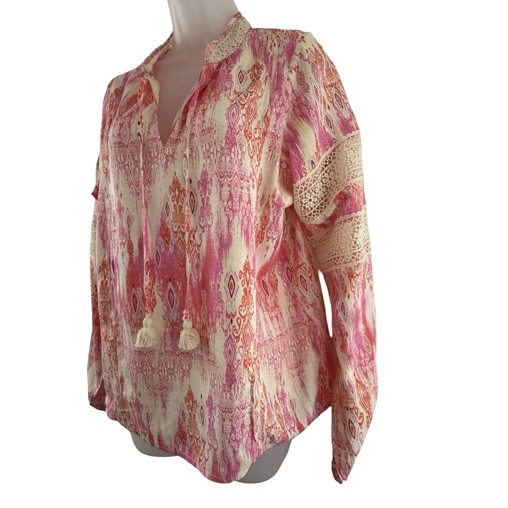Stella Parker Printed Long Sleeve Top Womens Small Pink Bombay Damask Boho Lace - Picture 2 of 16